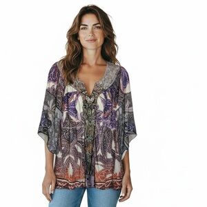 One‎ World Blouse Women's Size Small Boho Embellished Purple Blue